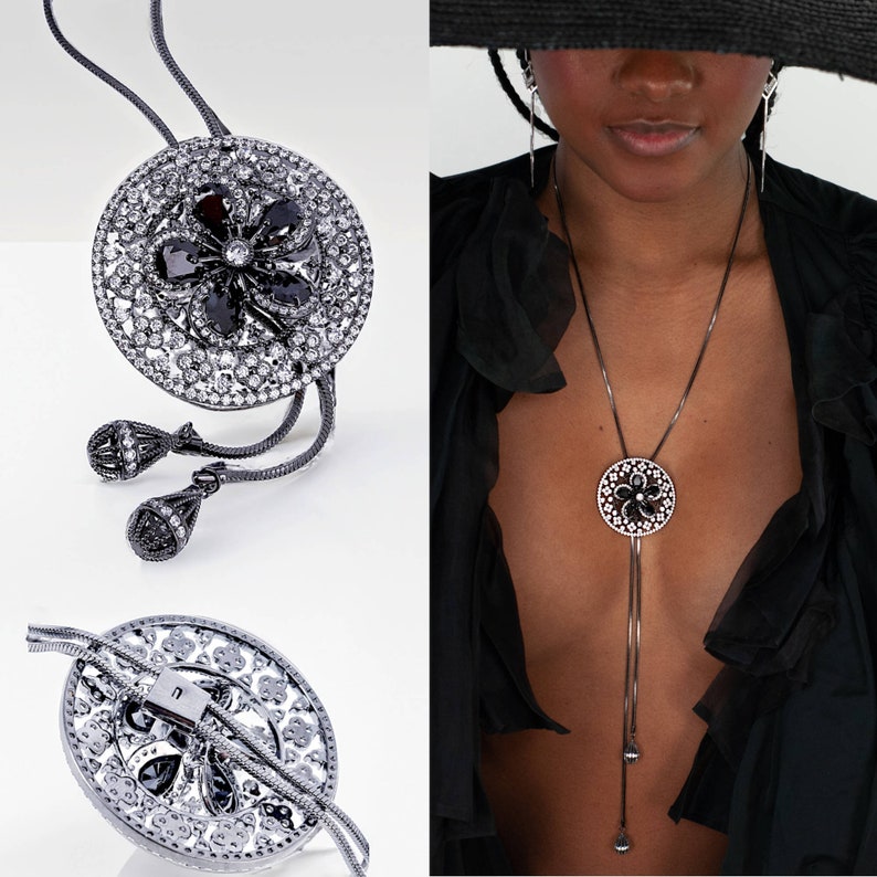 Circle Pendant Necklace with Floral Cut-Out and Crystals Adjustable Length Hypoallergenic Stainless Steel image 9
