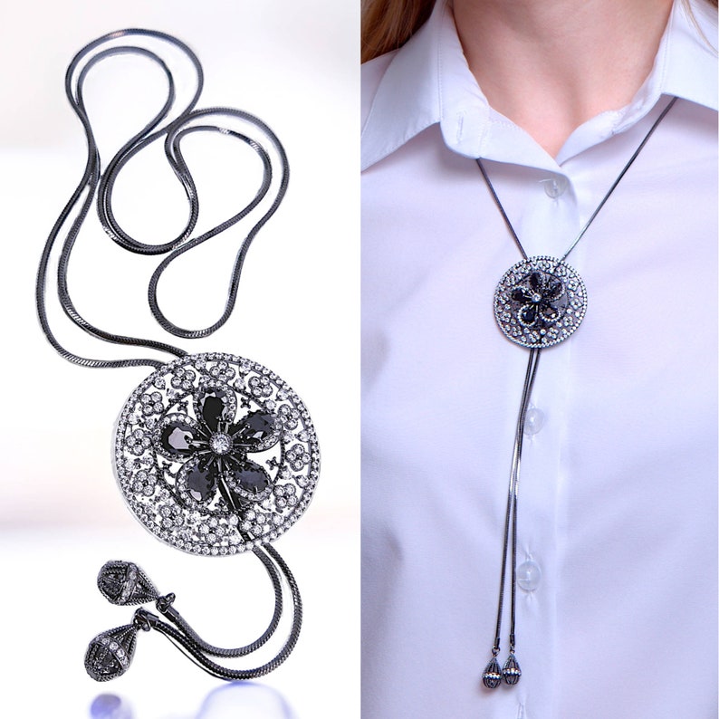 Circle Pendant Necklace with Floral Cut-Out and Crystals Adjustable Length Hypoallergenic Stainless Steel image 10