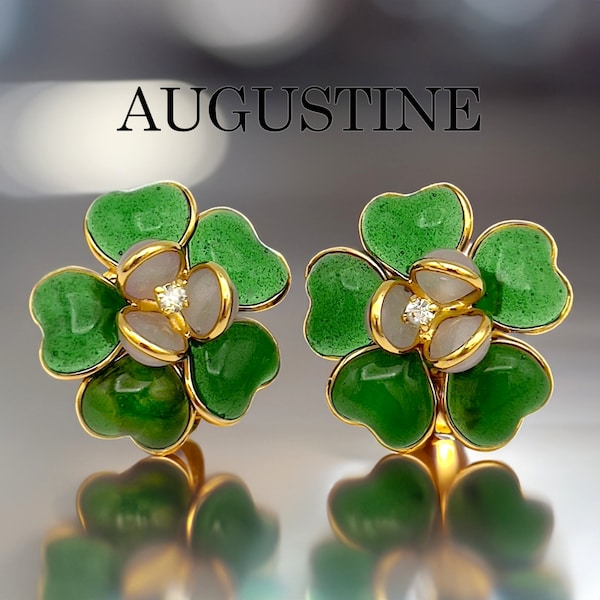 Boucles d’oreilles à clips en pâte de verre et cuivre doré - Camélia vert et rose - bijoux Augustine par Thierry Gripoix