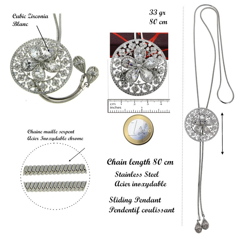 Circle Pendant Necklace with Floral Cut-Out and Crystals Adjustable Length Hypoallergenic Stainless Steel image 4