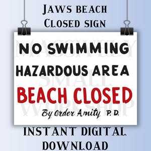 Printable Jaws Beach Closed Sign Digital Download, Horror Movie Film Prop Replica Poster Wall Decor PNG