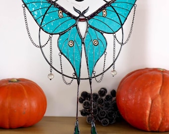 Luna moth butterfly suncatcher, stained glass window hangings, Halloween home decor, fall decor, garden art, handmade gift, unique wall art