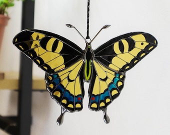 Yellow swallowtail butterfly suncatcher, stained glass window hangings, Christmas ornaments, handmade gift, holiday home decor, garden art