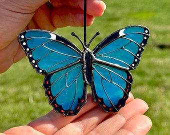 Mini Peleides Blue Morpho Suncatcher, Stained Glass Car Accessory, Butterfly Window Hangings, Unique Mother's Day Gift, Handmade Home Decor