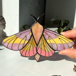 May include: A stained glass moth with a pink, yellow, and peach color scheme. The wings are divided into sections of yellow and pink, outlined in black. The body is peach-colored. The moth is held by a hand against a white background.