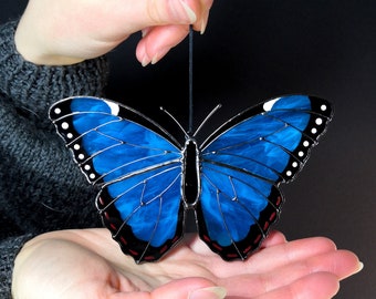 Peleides blue morpho butterfly suncatcher, stained glass window hangings, unique Mother's Day gift, gift for mom, handmade home decor