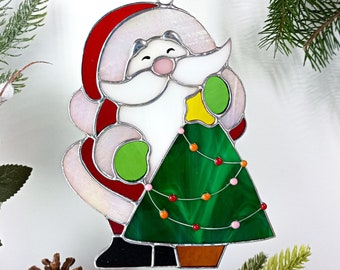 Santa with a Christmas tree suncatcher stained glass window hangings Christmas decor home decor garden art holiday gifts Ukrainian gift