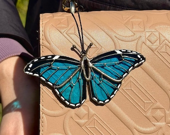 Mini Blue Morpho Suncatcher, Miniature Stained Glass Car Accessory, Butterfly Window Hangings, Unique Christmas Gift, Small Handmade Gift