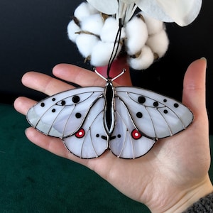 Apoll Schmetterling Sonnenfänger, Glasmalerei Fensterschmuck, einzigartiges Muttertagsgeschenk, Geschenk für Mama, handgemachtes Wohndekor, moderne Wandkunst