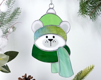 Polar bear in a green scarf suncatcher stained glass window hangings Christmas decor home decor garden art holiday gifts Ukrainian gift