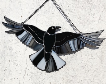 Raven suncatcher, stained glass window hangings, Halloween home decor, fall decor, garden art, handmade gift, unique wall art, bird ornament