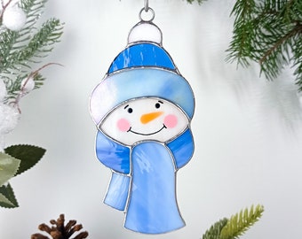 Snowman in a blue scarf suncatcher stained glass window hangings Christmas decor home decor garden art holiday gifts Ukrainian gift