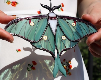 Luna moth butterfly suncatcher, stained glass window hangings, Halloween home decor, fall decor, garden art, handmade gift, unique wall art