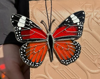 Miniature Monarch Butterfly Suncatcher, Stained Glass Car Accessory, Christmas Gift, Small Window Hanging, Handmade Modern Home Decor