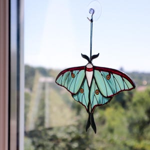 May include: A stained glass luna moth suncatcher with a teal body, red wing edges, and brown spots. The moth is suspended by a black string and suction cup, perfect for window decor. The wings are spread wide, showcasing the intricate design.
