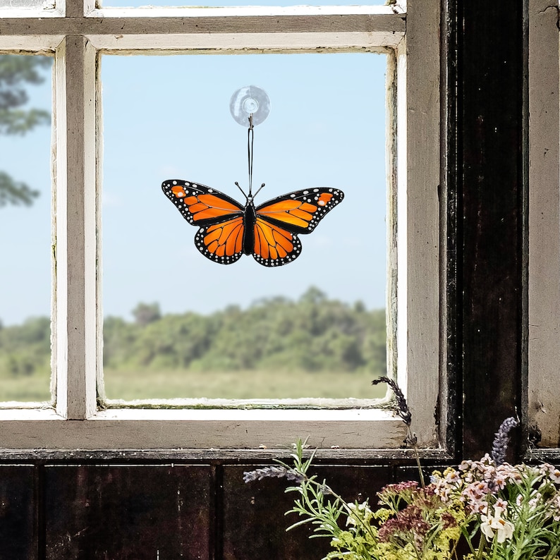 Monarch butterfly suncatcher, stained glass window hangings, unique Mother's Day gift, gift for mom, handmade home decor, modern wall art image 2