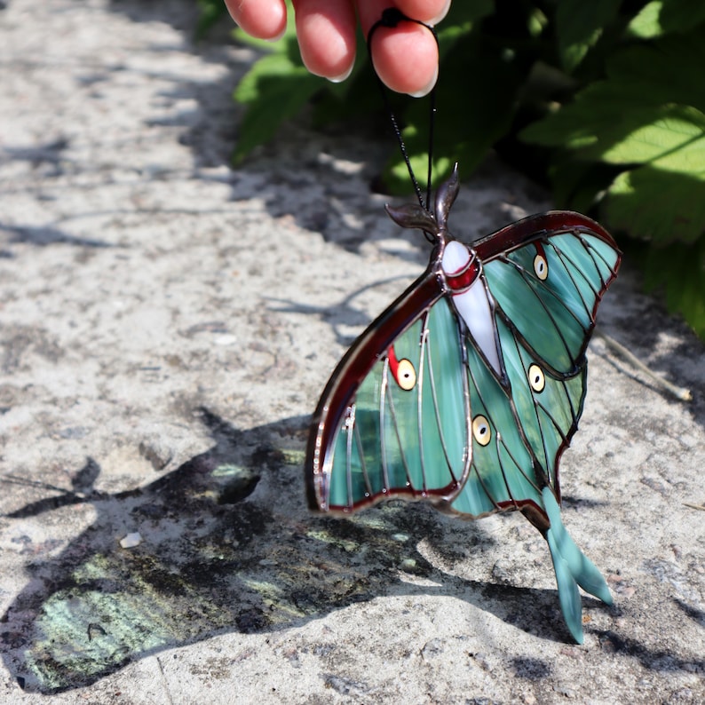 May include: A stained glass butterfly with teal wings, a maroon border, and white and red accents. The butterfly has a delicate, detailed design with small yellow and black circles. It is suspended by a thin black string.
