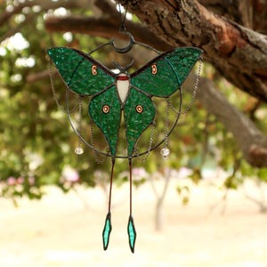 May include: A stained glass moon moth hanging from a branch. The moth is green with red and white accents. The moth is surrounded by a circle of metal with chains and beads hanging from it.