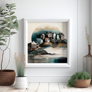 Abstract Fishing Village Painting, Pretty coastal village, cornish village, seaside town
