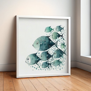 Aquarel vis schilderij illustraties, abstracte school viskunst, kunst aan de muur prints van een school vissen, blauw en groen eigentijds plezier