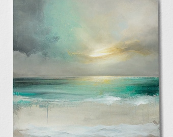 May include: Abstract painting of a seascape with a turquoise ocean, white sand, and a golden sky. The painting has a soft, dreamy feel.