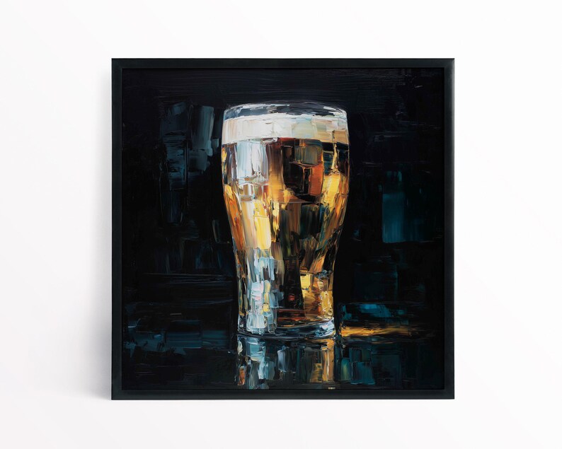 Guinness Beer Impressionist Painting Print in Gold and Dark Tones Black Framed Print