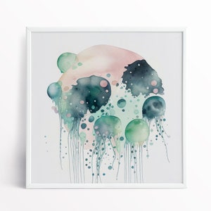 Pintura de medusas de acuarela, arte abstracto de medusas, impresiones de arte de pared grande de una medusa, arte de pared divertido contemporáneo azul, verde y rosa