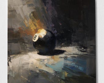 May include: An oil painting depicting a black eight ball with the number eight. The artwork features a dark background with brushstrokes in shades of grey, brown, and yellow. The painting has a textured, artistic style.