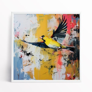 May include: A framed art print featuring a vibrant yellow bird in flight against an abstract background. The bird has black and blue wings, a yellow body, and a black head. The background is a mix of yellow, red, blue, and white brushstrokes with black paint splatters.