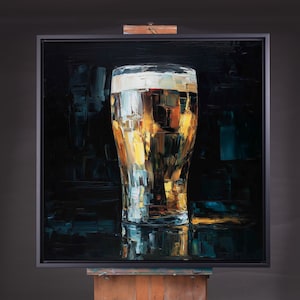 Guinness Beer Impressionist Painting Print in Gold and Dark Tones Black Framed Canvas