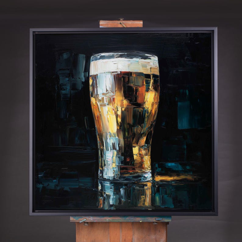 Guinness Beer Impressionist Painting Print in Gold and Dark Tones Black Framed Canvas