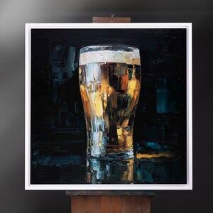 Guinness Beer Impressionist Painting Print in Gold and Dark Tones White Framed Canvas