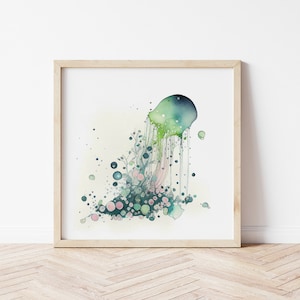 Pintura de medusas, arte abstracto de medusas de acuarela, impresiones de arte de pared grande de una medusa, arte de pared divertido contemporáneo azul, verde y rosa