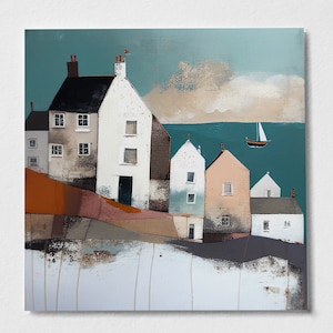 Abstract Fishing Village Painting, Pretty coastal village, cornish village, seaside town