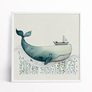 Aquarell Wal Malerei, abstrakte Wal Kunst, große Wand Kunst Drucke von einem Wal, blau und grün Zeitgenössische lustige Wand Kunst