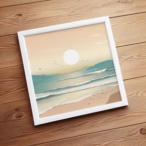Waves on a beach, vintage style travel poster, of sandy beach at sunset