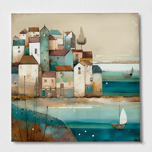 Mooi kustplaatsje, abstract vissersdorp schilderij, dorp in Cornwall, badplaats