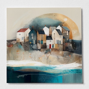 Abstract Fishing Village Painting, Pretty coastal village, cornish village, seaside town