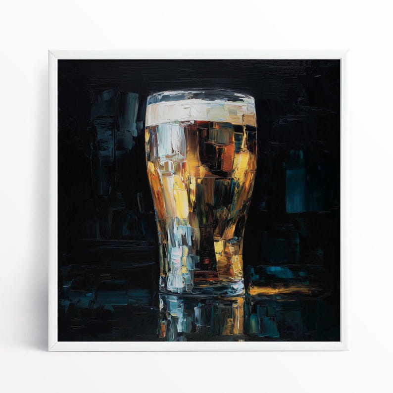 Guinness Beer Impressionist Painting Print in Gold and Dark Tones White Framed Print