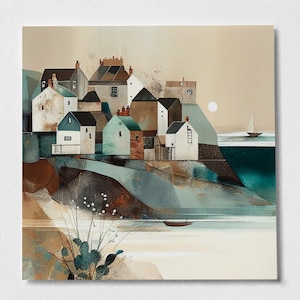 Abstract coastal village, Pretty Fishing Village Painting, Cornish village, Seaside town, Scottish village