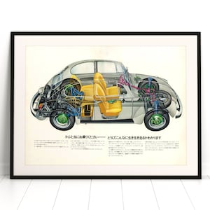 VW Beetle Japanese Artwork Diagram - Volkswagen, Poster Car Print, Retro, Japanese Modern Classic Draft