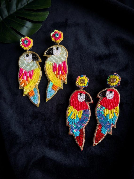 Handmade Beaded Parrot Earrings, Tropical Statement Jewelry