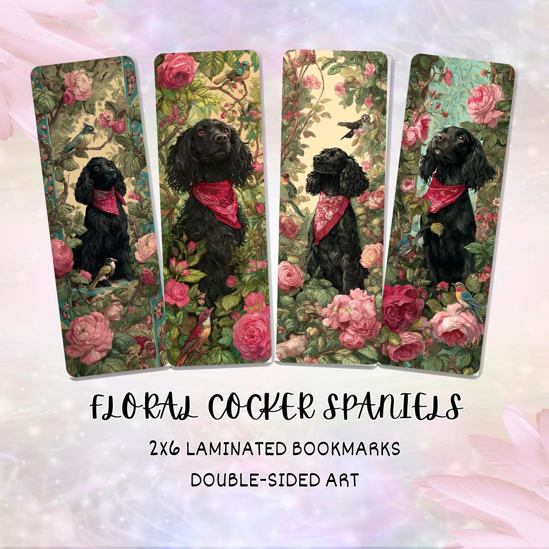 Black Cocker Spaniel With Pink Roses Bookmark, Dog and Floral Art ...
