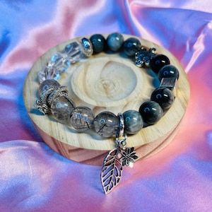 Rabbit Hair Rutile Quartz Bracelet with Hawk’s Eye & Silver Charms, Natural Gemstone Jewelry, Spiritual Healing, Energy Meditation Bracelet
