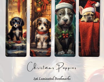 Christmas Puppy Bookmarks | Watercolor Holiday Dog Bookmark Collection | Double-Sided Laminated Bookmarks | Dog Lover Christmas Gift