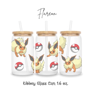 Flaming Fox Frosted 16oz Libbey Glass Can with Bamboo Lid & Reusable Straw, Anime-Inspired Drinkware, Hot and Cold Beverage Cup, Eeveelution