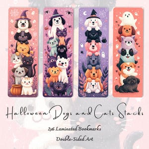 Halloween Dogs & Cats Stack Bookmarks | Cute Spooky Pet Bookmark Collection | Double-Sided Laminated Bookmarks | Halloween Book Lover Gift