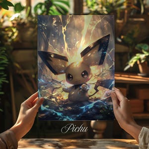 Stampa artistica anime di Poke di tipo elettrico, stampa lucida o su metallo, decorazione in stile anime, regalo per appassionati di Poke, stampa artistica di Pichu, arte murale