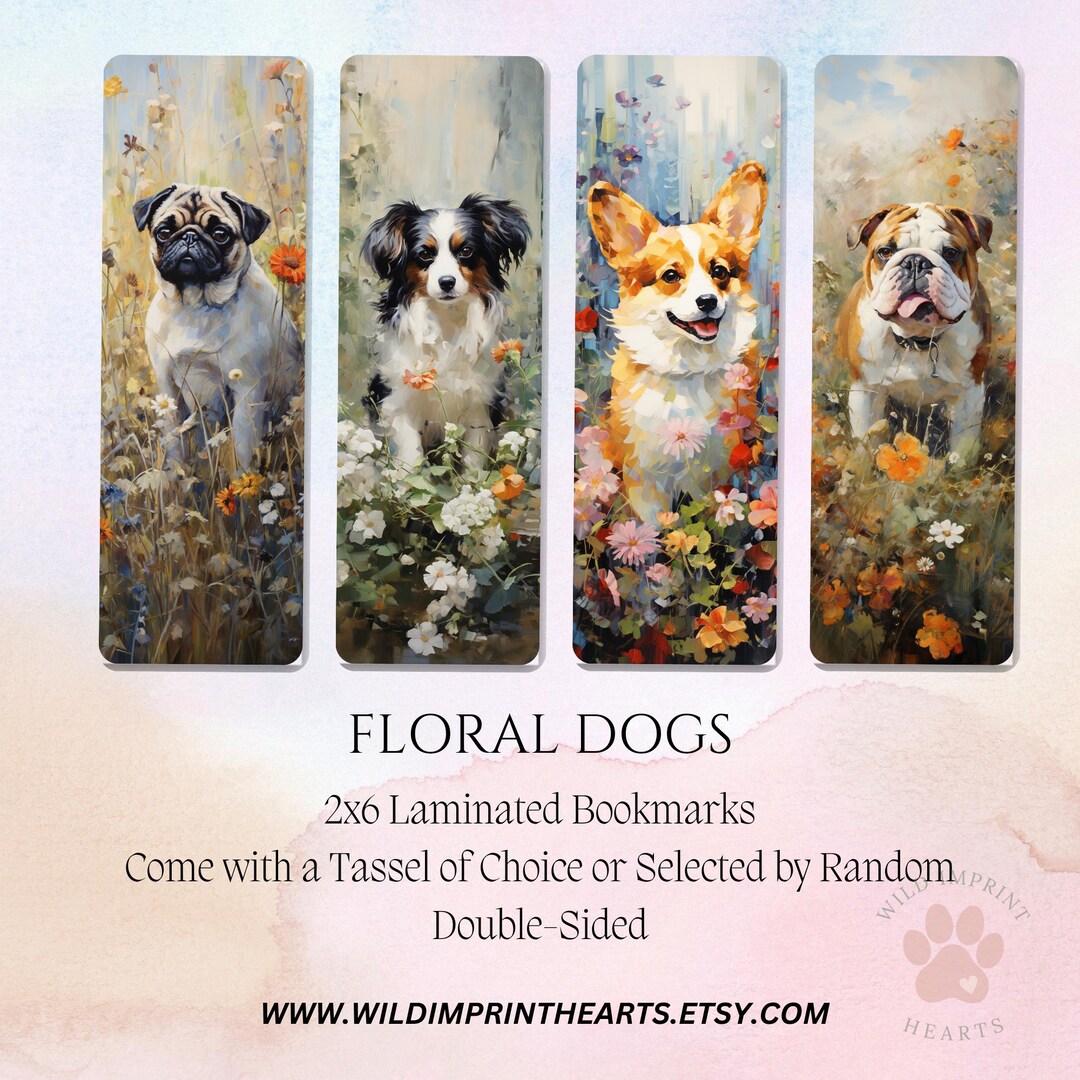 Floral Dogs Laminated Bookmarks, Flower Dog Art Bookmark, Elegant ...