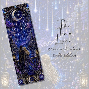 May include: A rectangular laminated bookmark featuring a dark blue and purple night scene with a crescent moon, falling stars, and a couple standing on a balcony. The text reads The Fae Lovers, 2x6 Laminated Bookmark, and Double-Sided Art.